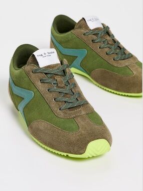 NEW rag & bone women’s Retro Runner Ultra Slim Sneakers, Olive Swede 36.5